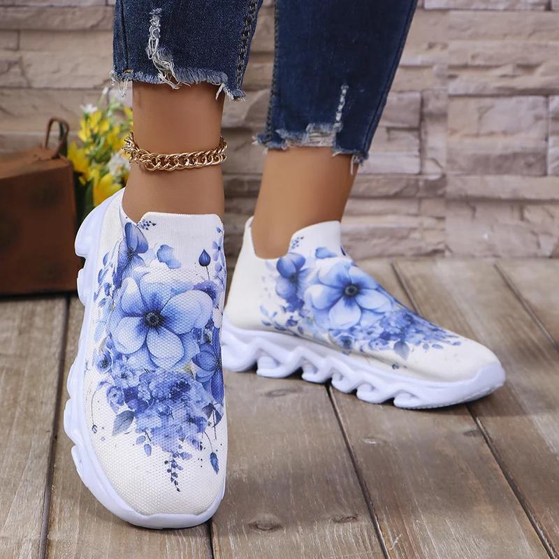 Fashion Fashion Printed Women's Running Sneakers Plus Size Knitted Breathable Mesh Casual Shoes Woman Comfortable Non Slip Walking Flats