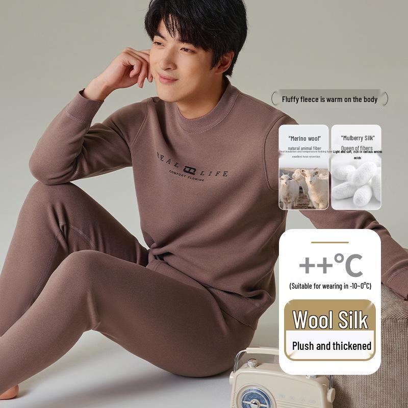 Men's Teen Fleece-Lined Thermal Set: Extra Thick Crew Neck Top & Trousers for Autumn/Winter Wear.