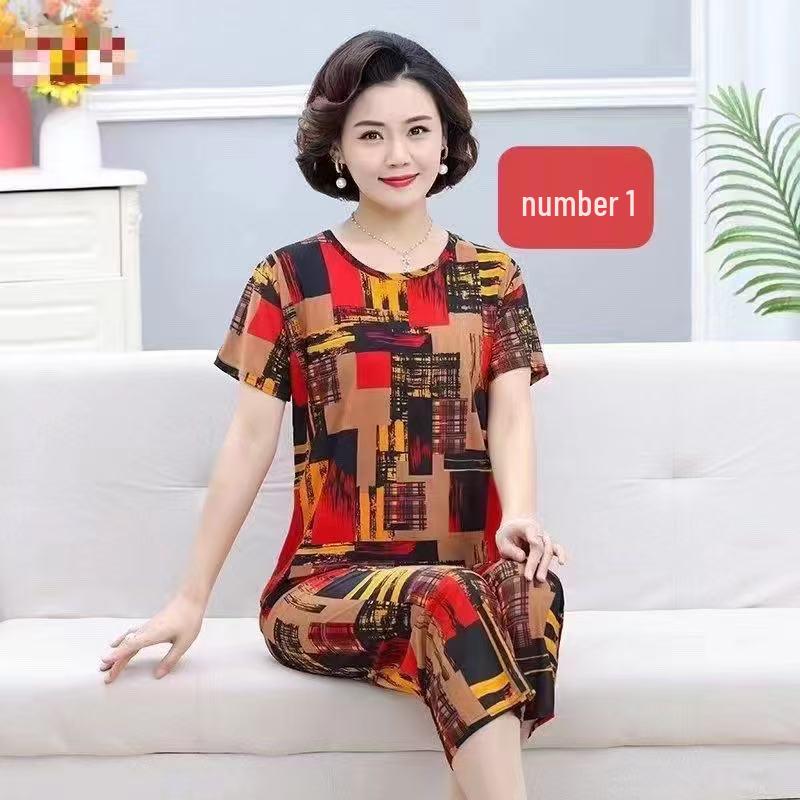 Women's Plus Size Ice Silk Pajama Set: Casual Short Sleeve Two-Piece for Middle-aged and Elderly Moms