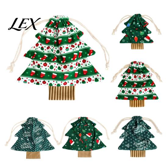 Christmas Party Favors Tree Shaped Gift Bags with Drawstring, Reusable Holiday Fabric Bags, Lightweight Pouches Winter Goodie Storage for Present