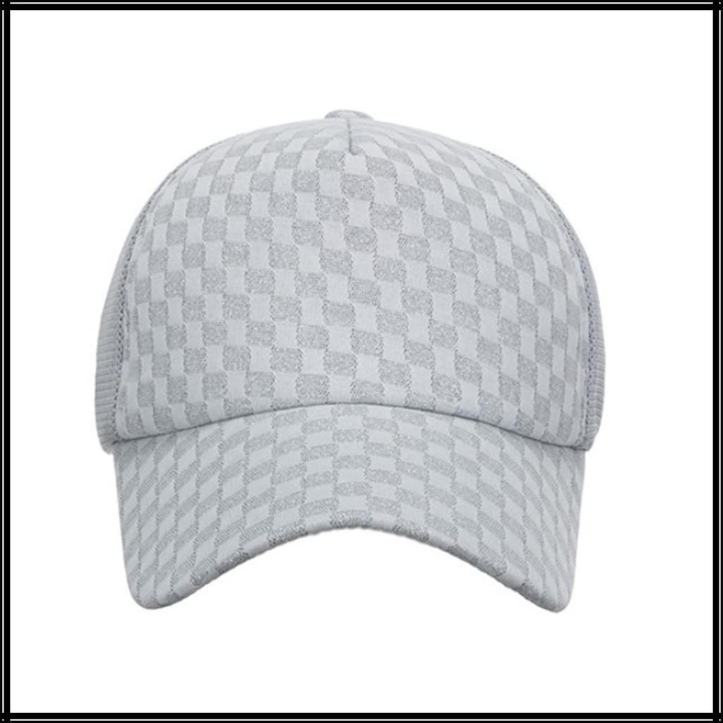 Mesh Cap Checkered Pattern Hat Running Outdoor Women Men CA696 [White Fang] (White)