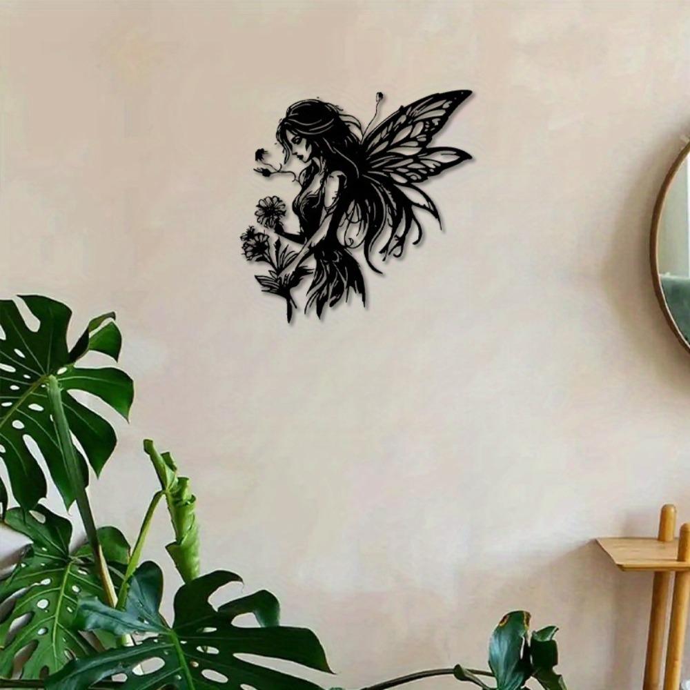 Elegant Black White Fairy Floral Metal Wall Art, Timeless Design for Living Room Bedroom Decor, Housewarming Anniversary Gift for Homeowners