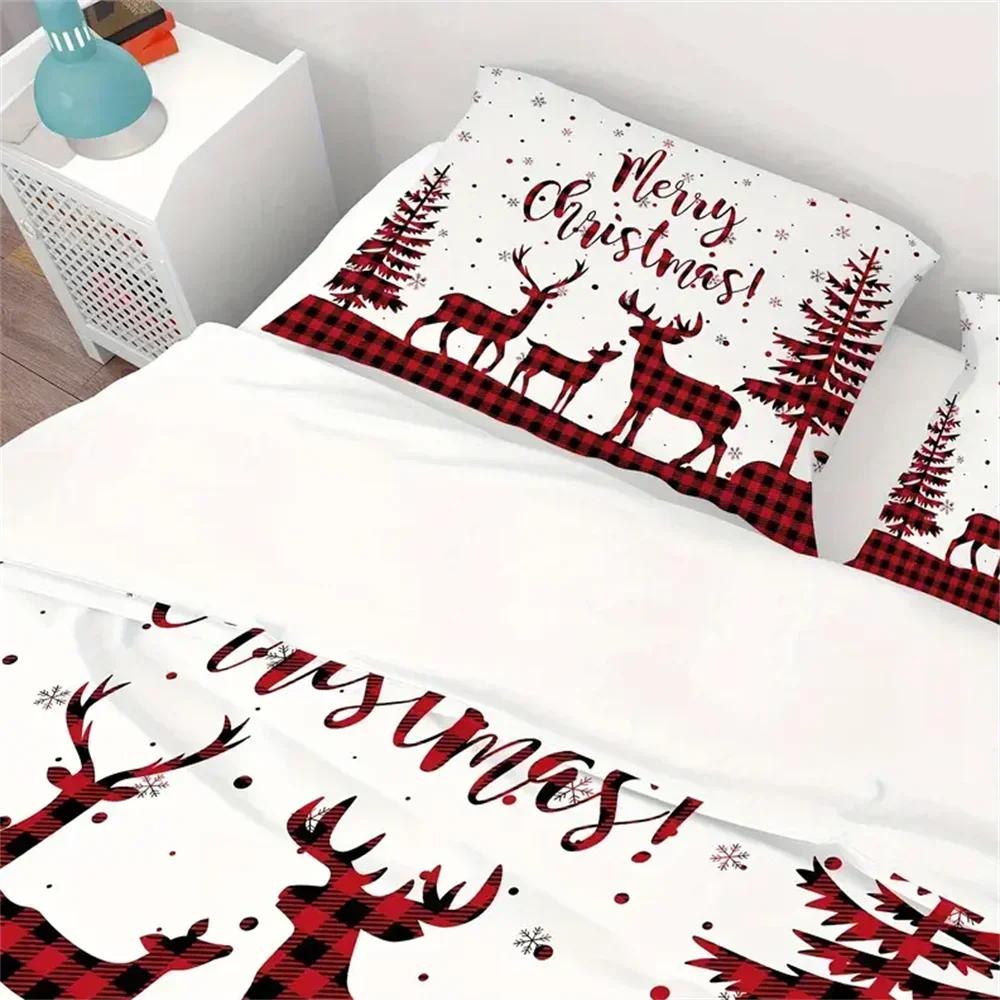 Comforter 3-Piece Merry Christmas Plaid Reindeer - Soft Comfortable And Cozy Bedding For Bedroom And Guest Room