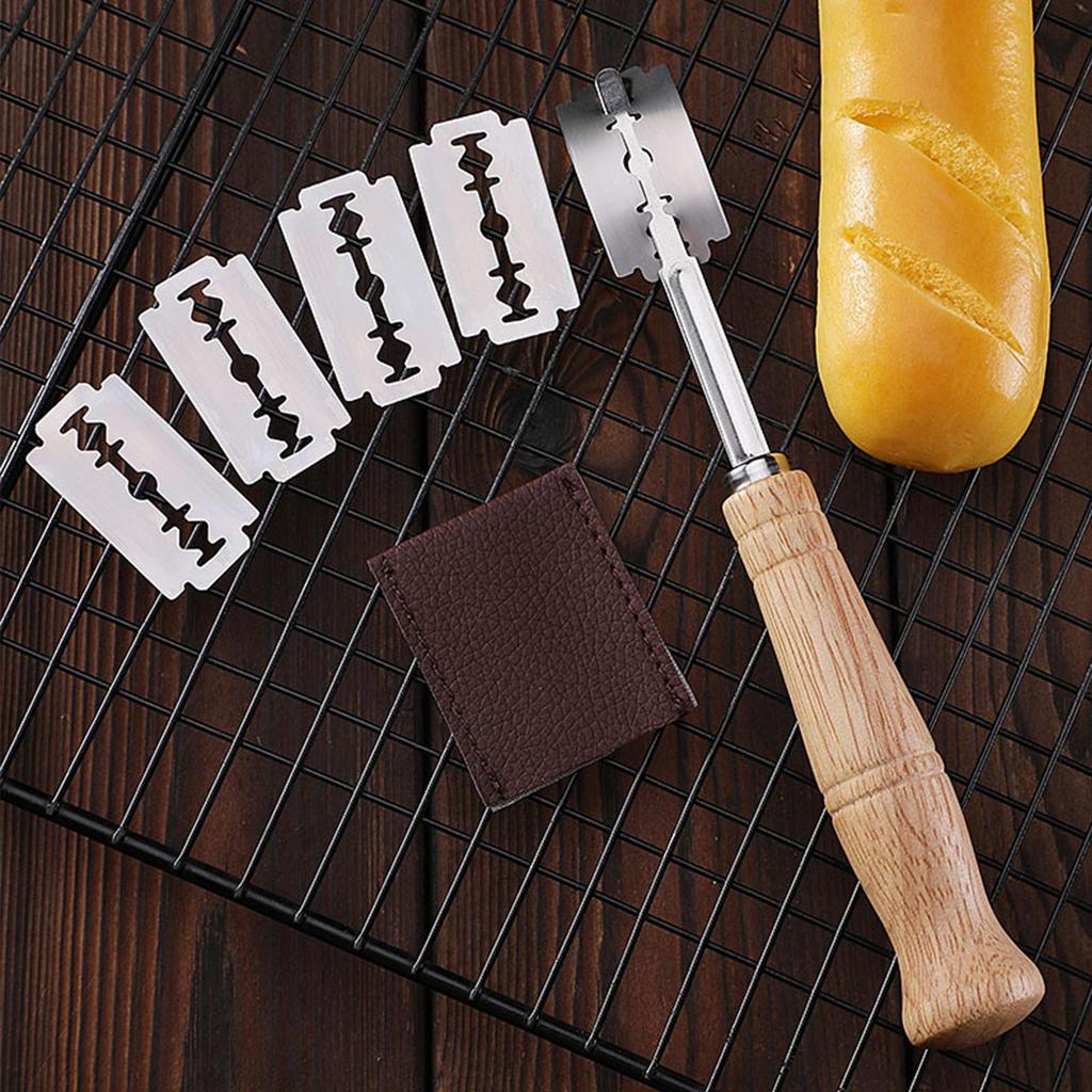 Bread Cutter French Bread Blades Kitchen Gadgets Normal Wood Long Handle Dough Scoring Knife with 5 Razor Blades Bread Cutting