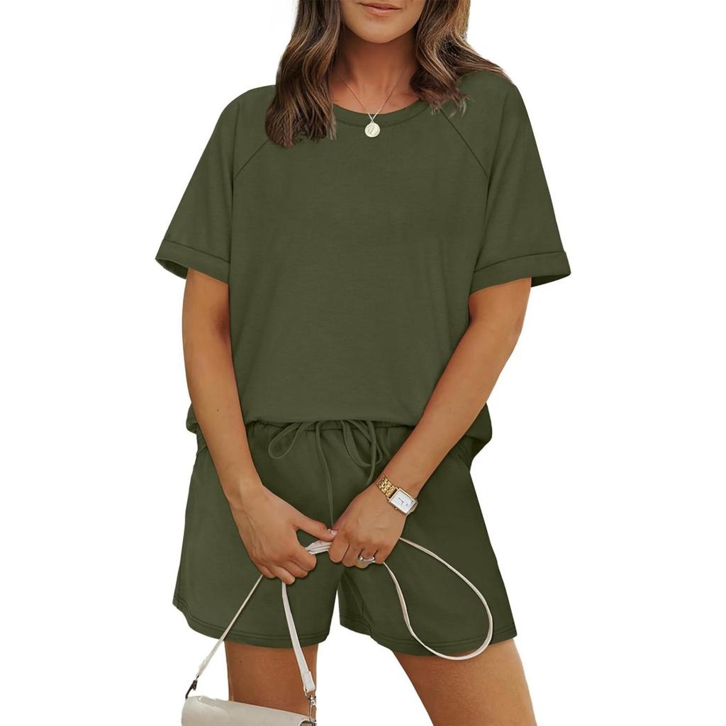 Women's Casual Pullover Top and Shorts Set Loose Fit Solid Color Two Piece Outfit Soft Fabric Lightweight Summer Loungewear