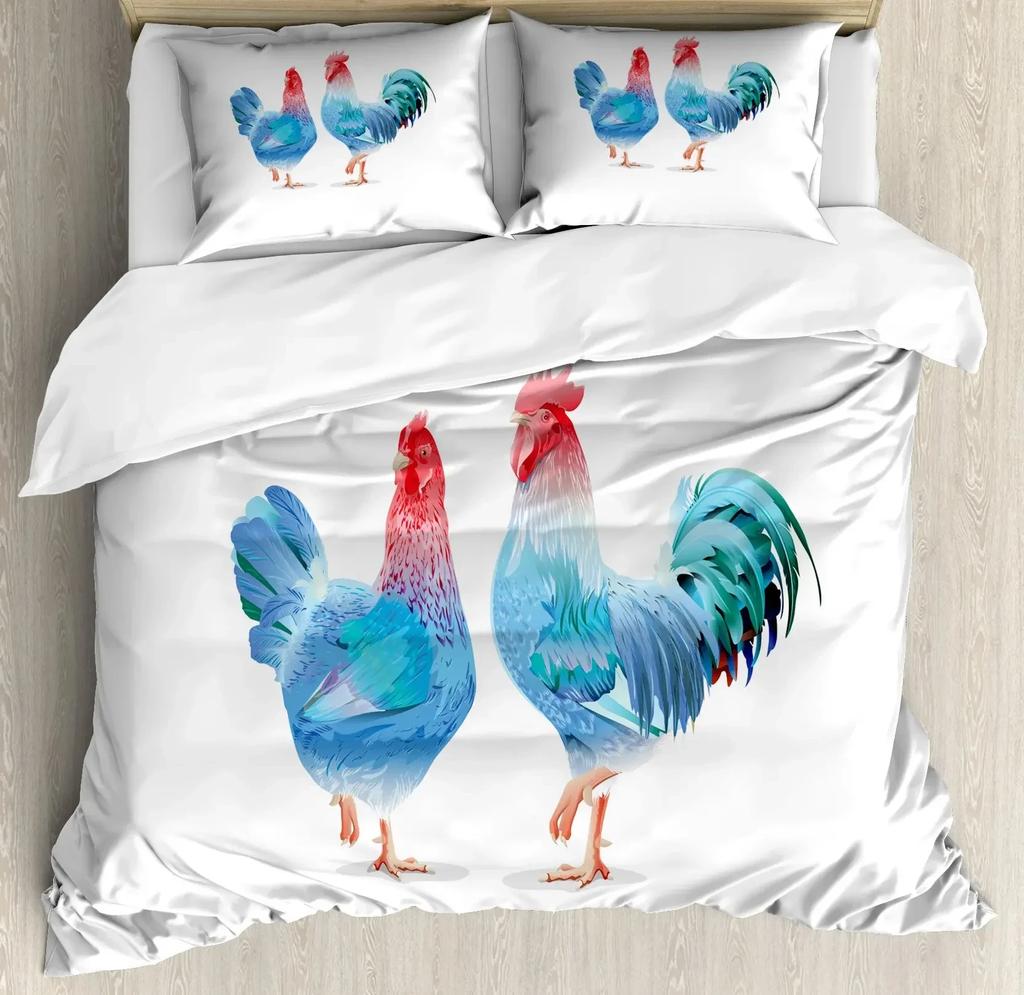 Chicken Duvet Cover King Queen Size Watercolor Rooster Bedding Set for Boys Teens Adults Farm Animal Polyester Comforter Cover