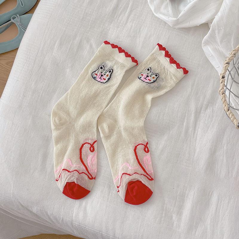 Süße Mädchen Netz dünne Socken Einfarbige Pünktchen Socken Süße Cartoon Bären Socken Baumwollsocken