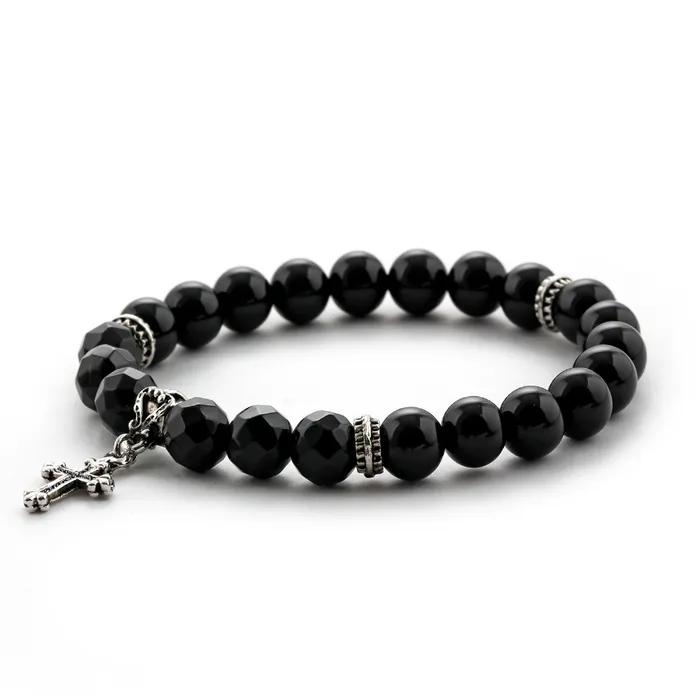Natural Stone Black Cut Cross Onyx Bead Bracelet C22SVB-1002