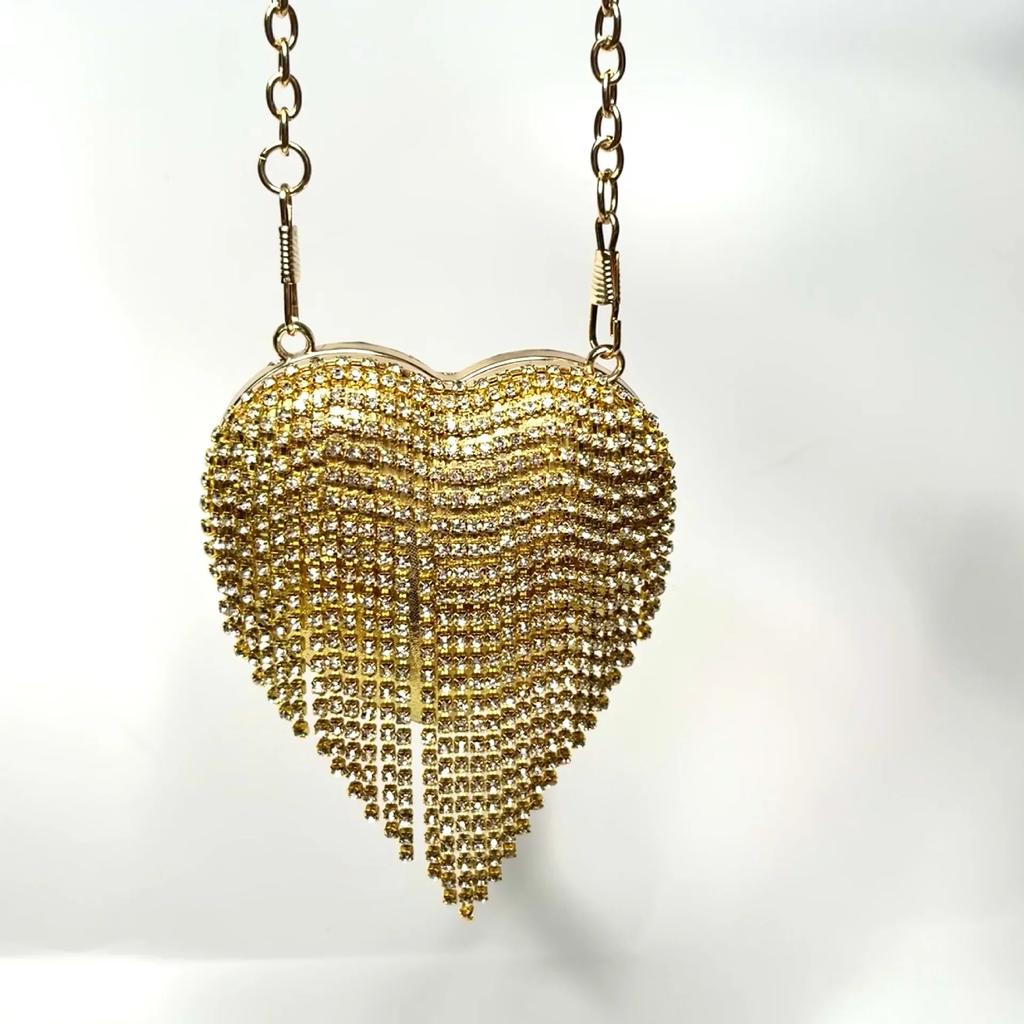 Luxury Small Bling Heart Shape Diamond Evening Clutch Rhinestones Purse Ladies Fashion Bag Designer for Women Chain Shoulder Bag