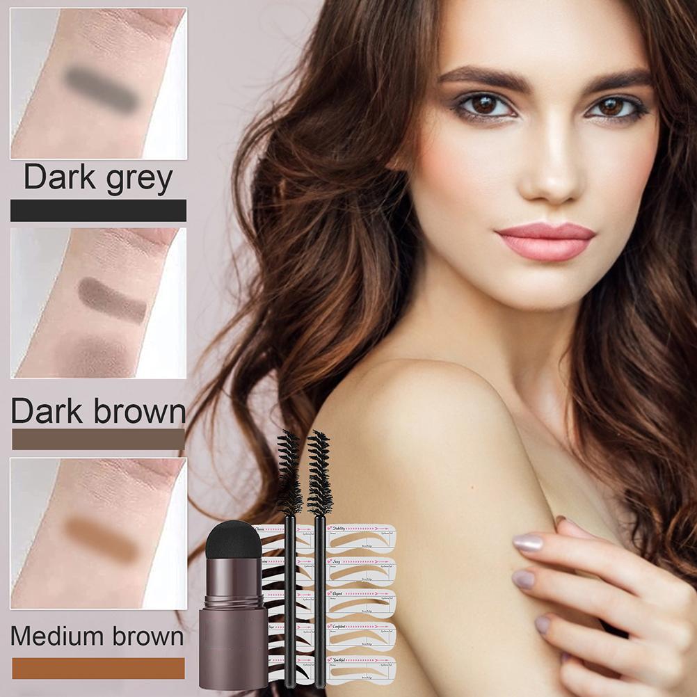 1 Set One Step Brow Stamp Shaping Kit, Eyebrow Stencil Makeup Powder, Hairline Powder (Medium Brown Set)