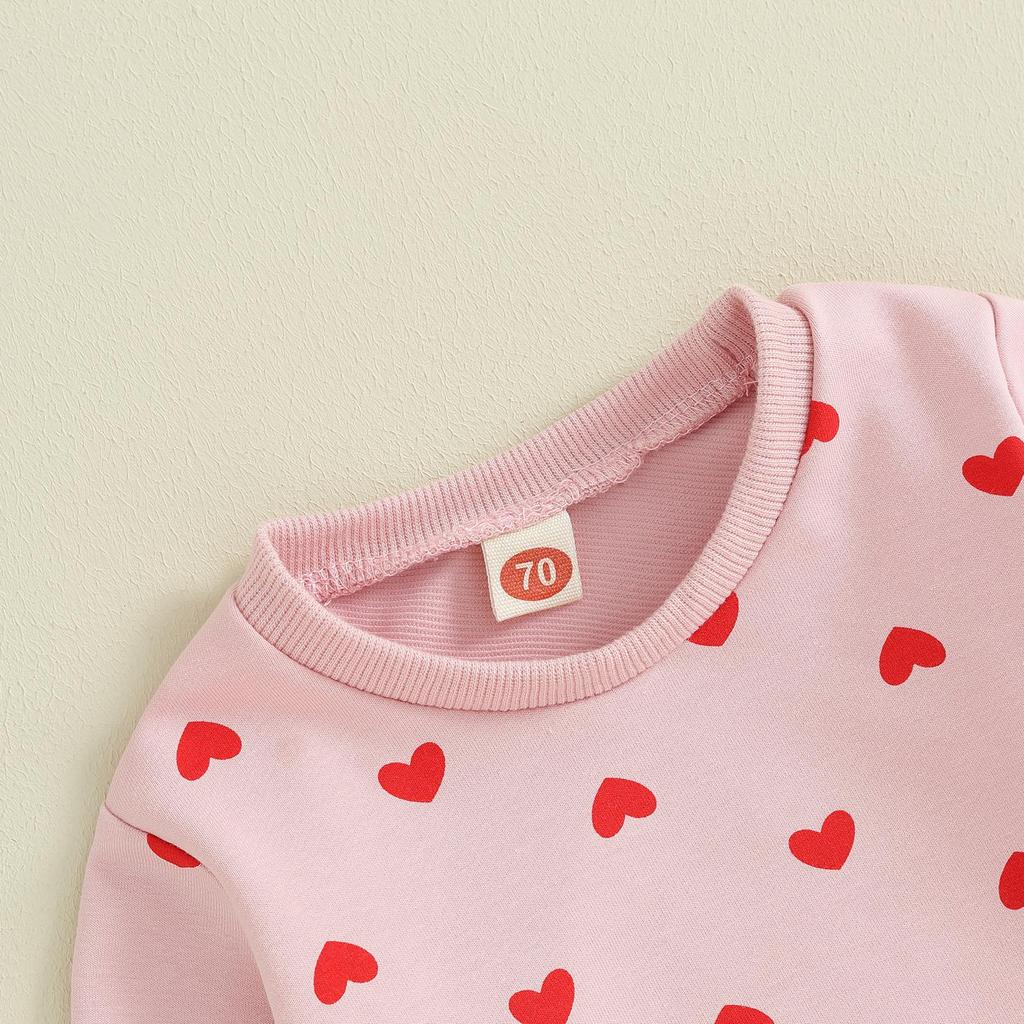 Baby Girls 2-piece Outfit, Heart Print Long Sleeve Crew Neck Sweatshirt with Elastic Waist Sweatpants Fall Clothes