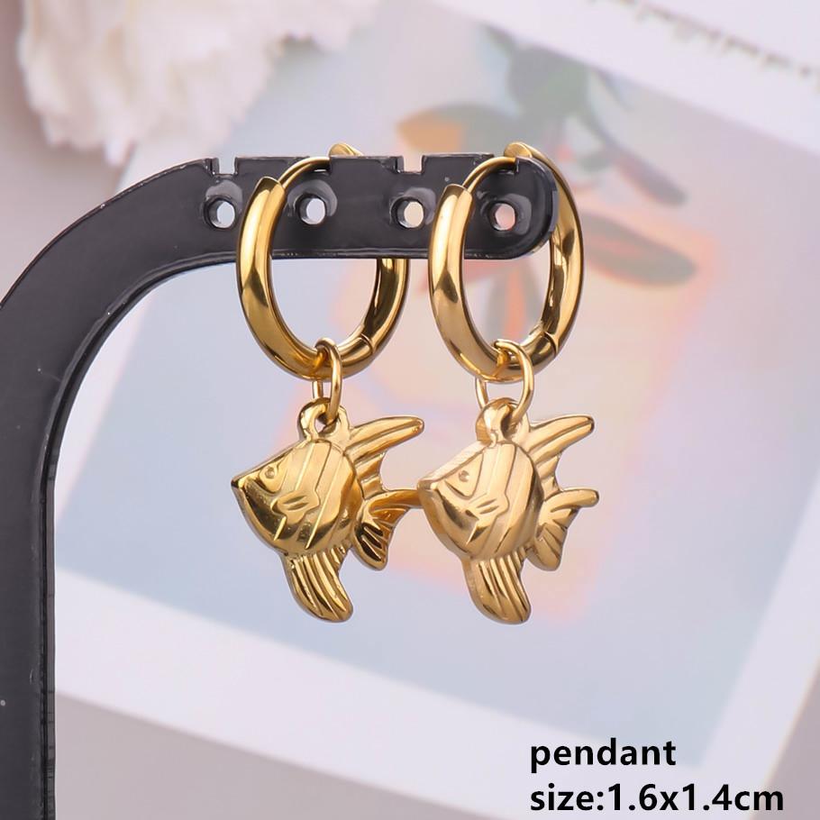 Gold Color Animal Pendant Earring Cute Sea Turtle Fish Tail Crab Stainless Steel Hoop Earrings for Women Men Accessories Jewelry