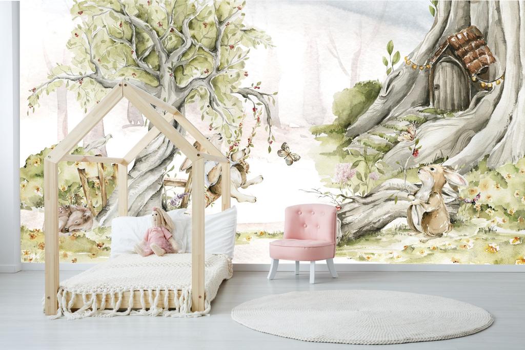 Children's photo wallpaper of little bunnies playing in the forest M067 300x200