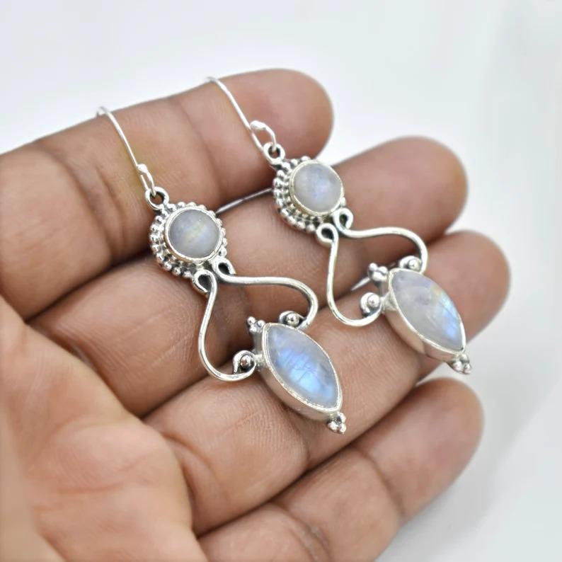 

Серьги с драгоценными камнями из радужного лунного камня, серьги с подвесками, серьги с ободом, ювелирные украшения, серьги ручной работы, серьги из серебра 925 пробы