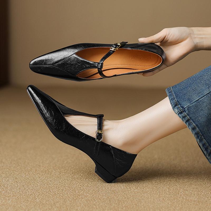 Fashion NEW Spring/Autumn Women Pumps Pointed Toe Low Heel Shoes Split Leather Shoes for Women Concise Shallow T-Strap Mary Janes Shoes