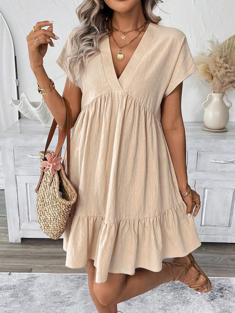 2026 European and American Women's V-neck Ruffle Hem Summer Dress