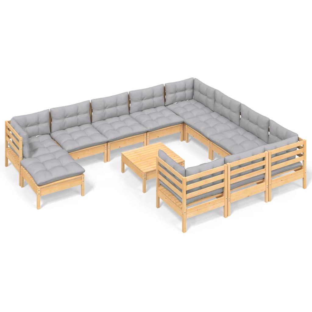 Vidaxl 12-Cz. Garden Lounge Set, Grey Cushions, Pine