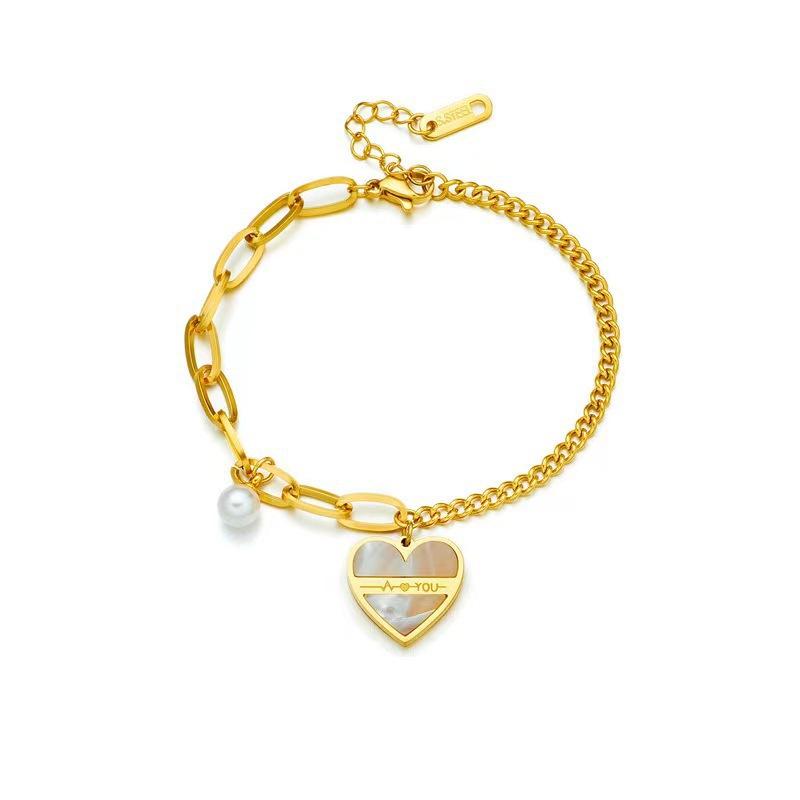Stainless Steel Pearl Love Heart Bracelet For Women Girls Gold Color Vintage Wrist Chains Rustproof Birthday Party  Gifts
