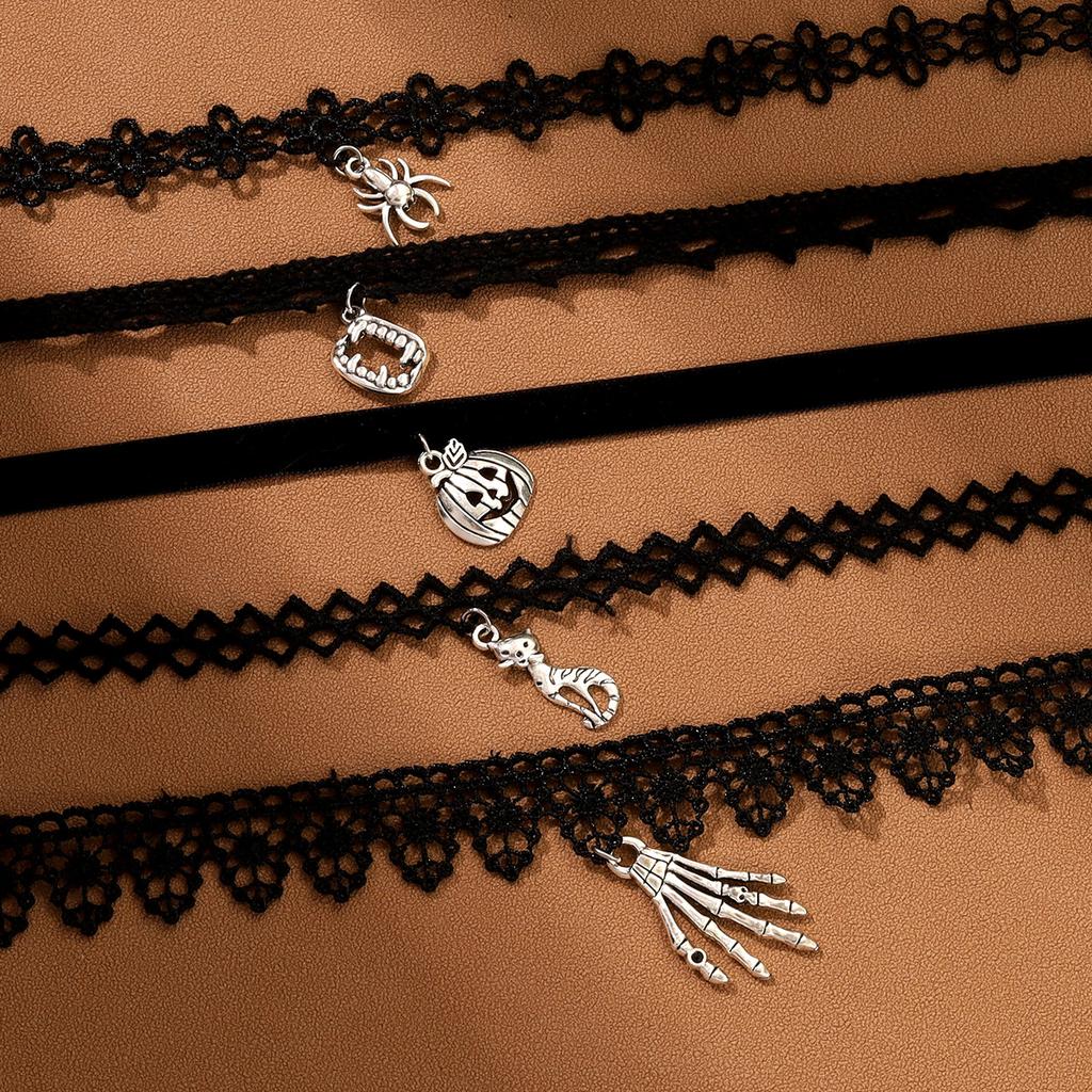 Vintage Dark Gothic Lace Choker, Elastic Floral Lace Stackable Necklace Set