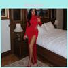 Sexy Red Satin Night Dress With 3d Floral Embellishments For Evening Wear