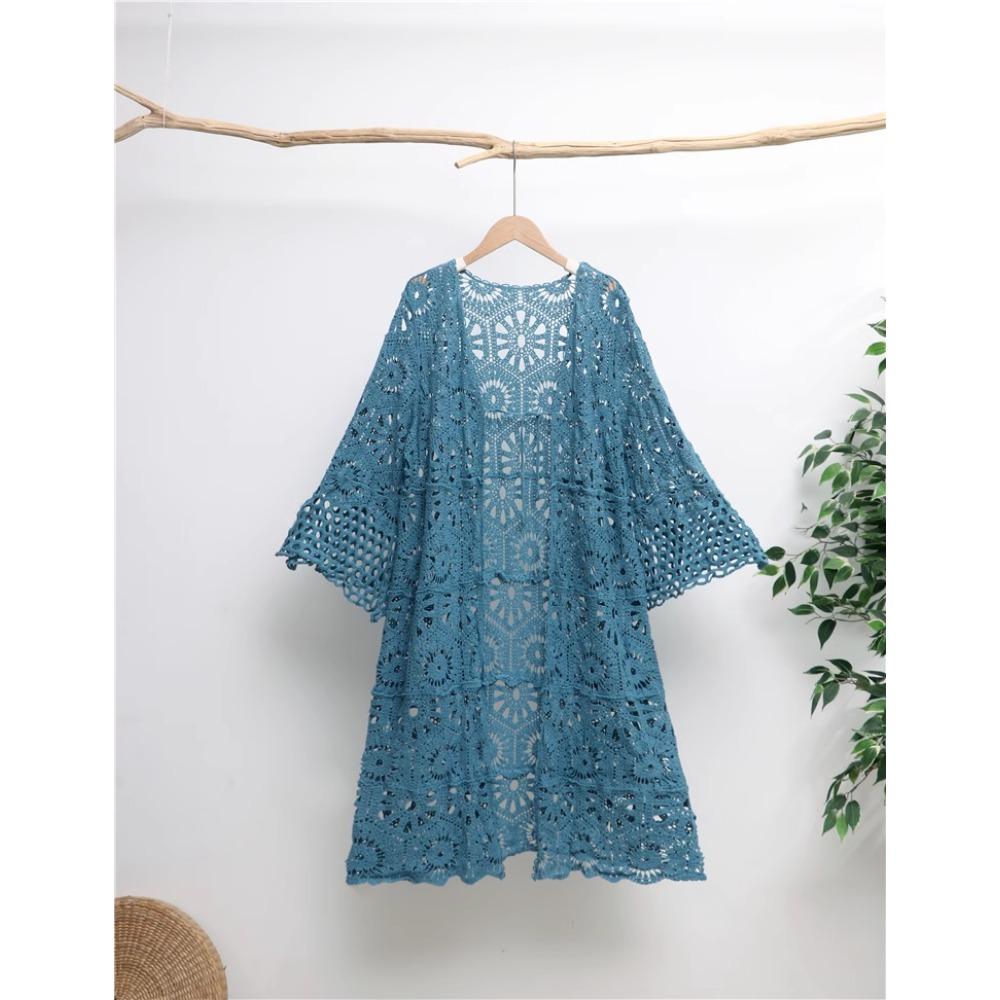 DIMANAF 2026 New Blue Cardigan Women Knitting Lace Long Vest Hollow Summer Style Basic Tops Tees Loose Clothing