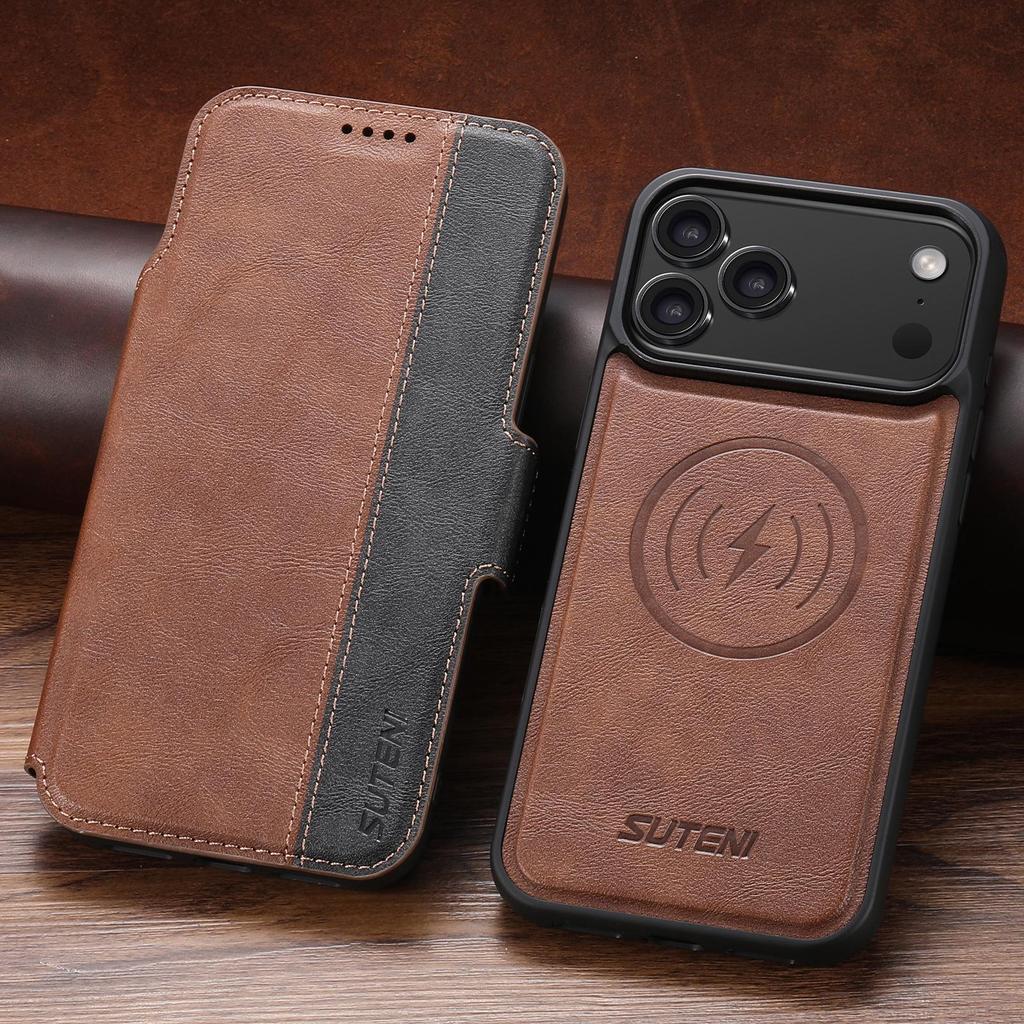 Étui à rabat magnétique en cuir pour iPhone 17 Pro Max & Samsung S25U avec chargement sans fil