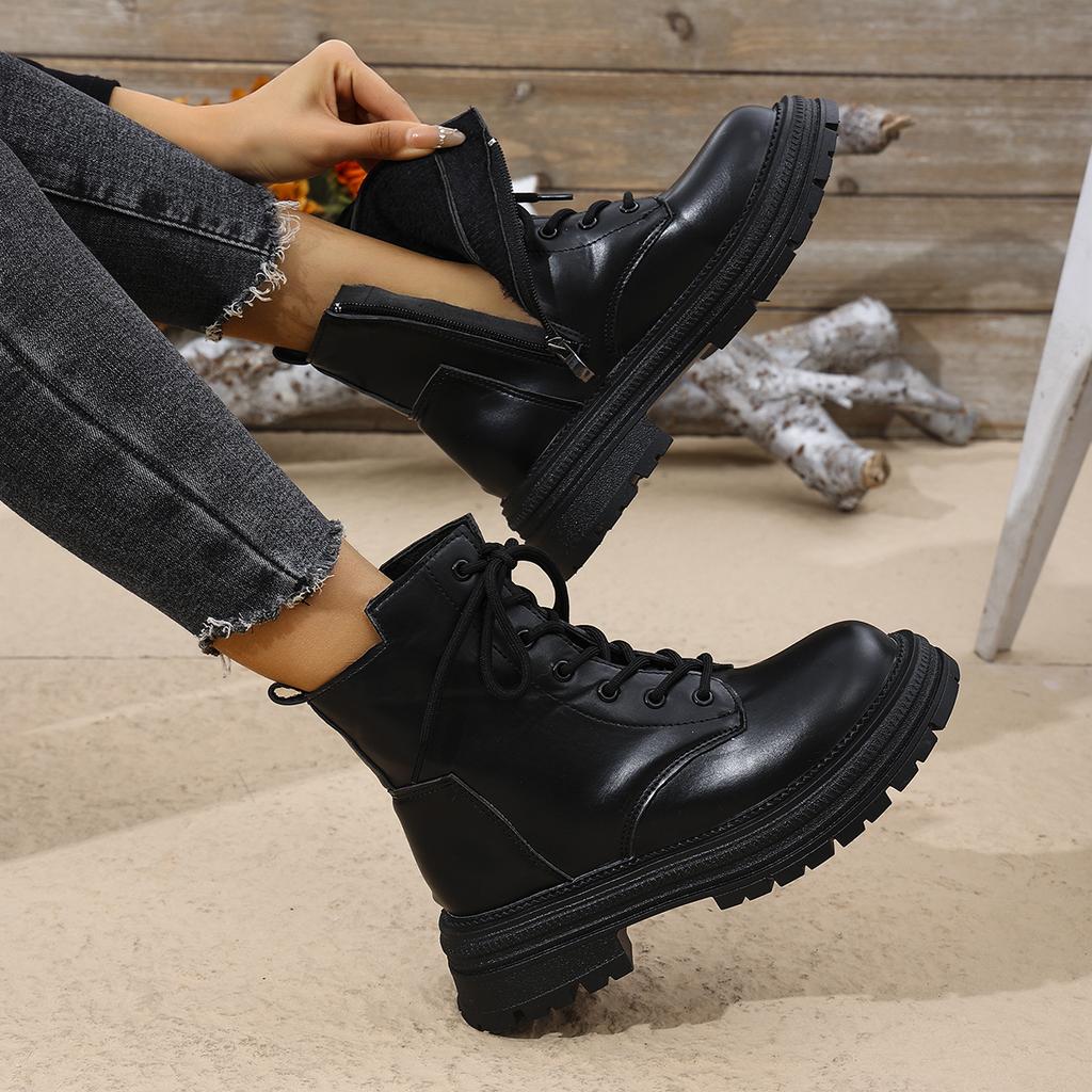 Fashion Warm Motorcycle Boots Women Lace-Up Plush Winter Ankle Boots Woman Black Beige Comfortable Flat Heel Cotton Boots
