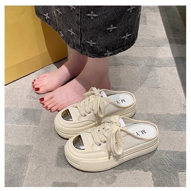 Internet celebrity thick-bottomed bag head half slippers outer wear summer women 2025 new mesh breathable casual small white cool slippers
