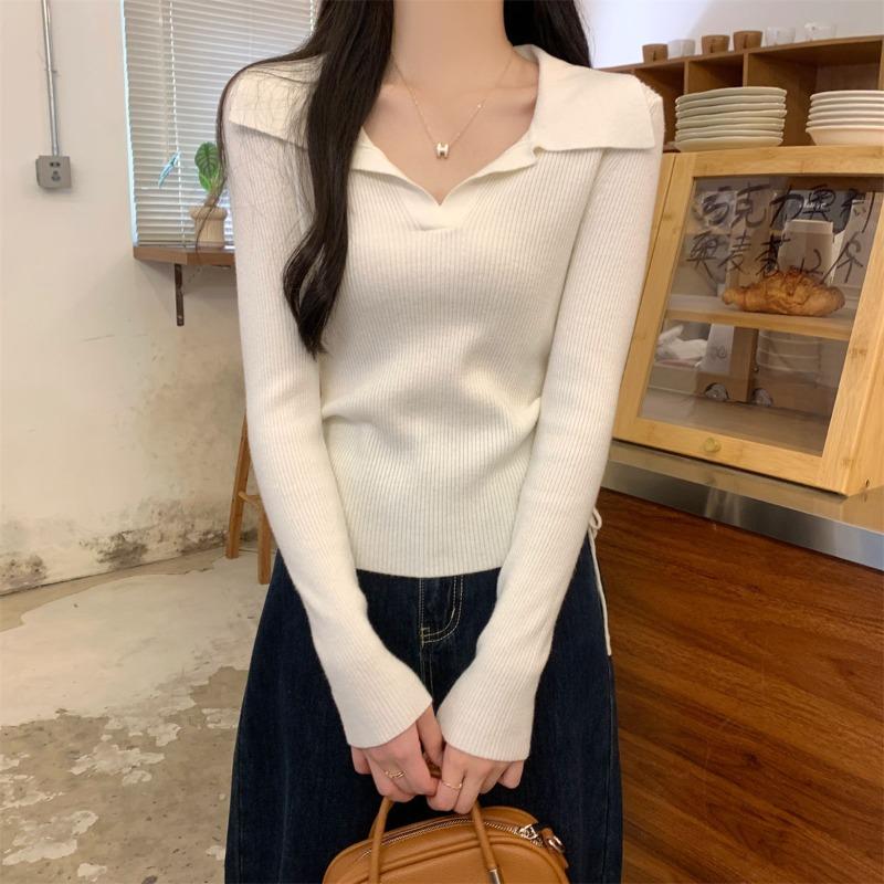 A Short Drawstring Waist Polo Collar Long-sleeved Knitted Sweater Women's Spring and Autumn Bottoming Shirt Top
