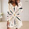 Women Plus Size V Neck Long Sleeve Black Floral Printed Curved Hem Dress