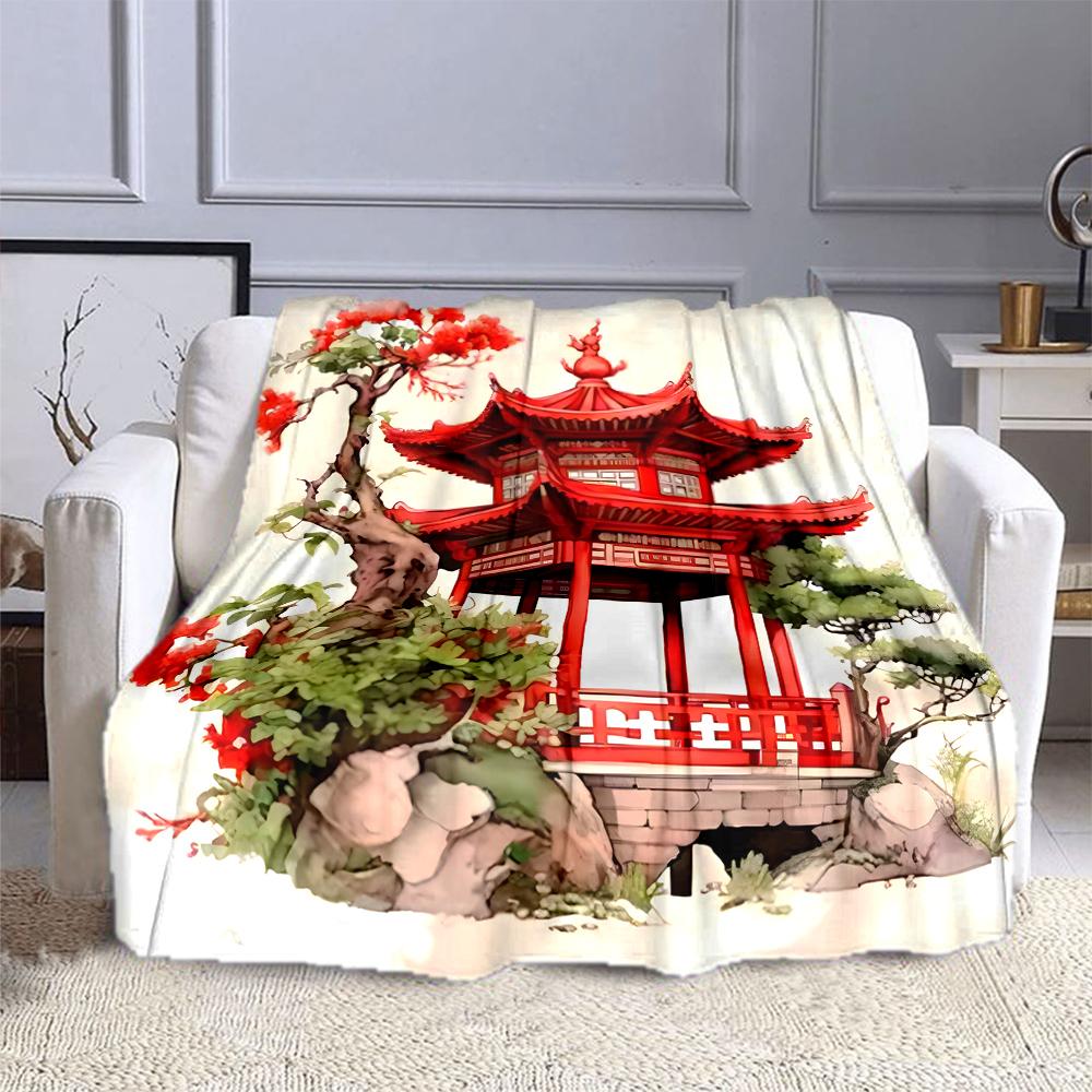 Red Chinese Pavilion with Nature Background Patterned Flannel Blanket Perfect for the Bedroom Living Room, Sofa, or a Little Nap