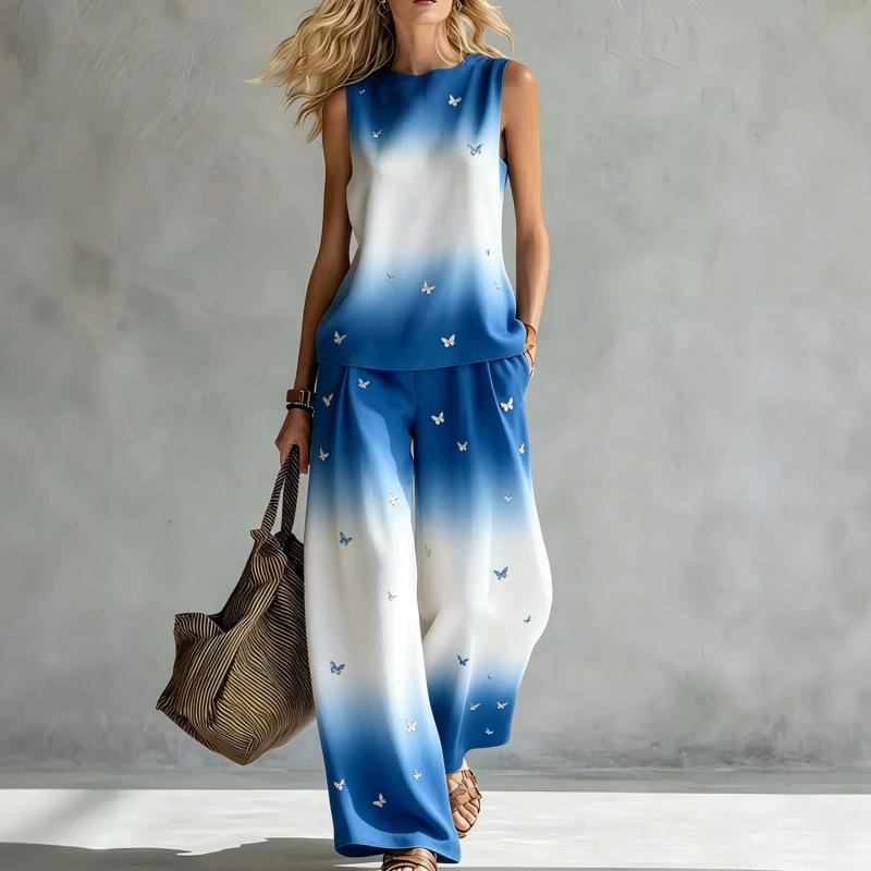 Rundhals-Oberteil weite Hosen zweiteiliges Set Damen Freizeitanzug Europäisch und Amerikanisch Sommer neu Regenbogen Batik ärmellos