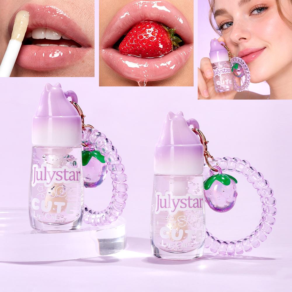 Julystar Cute Strawberry Keychain Lip Oil Moisturizing Clear Glossy Lip Plumper Fruit Flavor Lip Care Lip Gloss with Phone Cord Hair Tie Bag Pendant