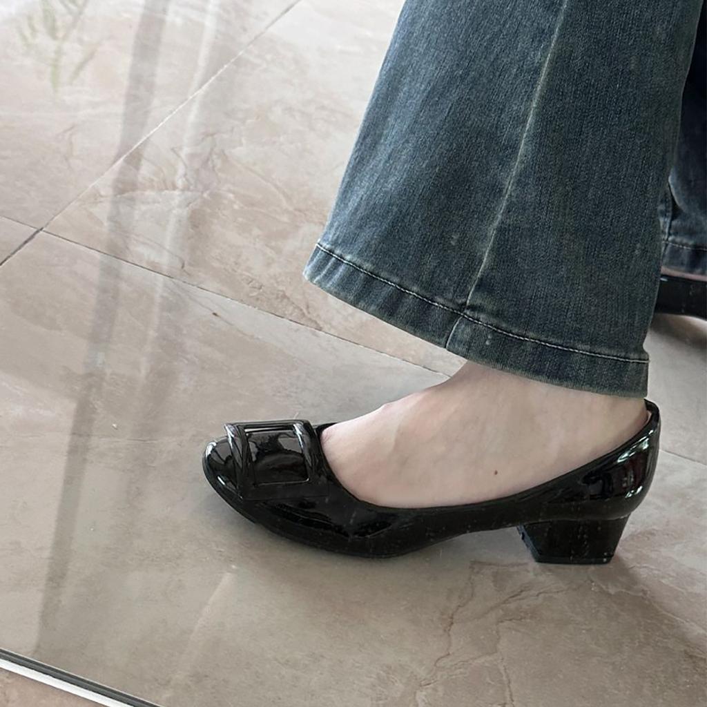 Sheepskin version~ French naked pink single shoes square buckle round head gentle style high heels versatile light mouth commuting thick heels