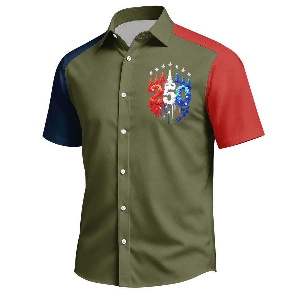 Top da Uomo Stampato per il Giorno dell'Indipendenza con Colletto Camicia Casual Sportiva a Maniche Corte da Uomo