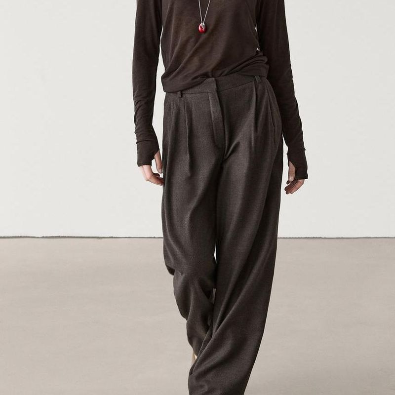 MD Spring New Women's Clothing Elegant Capable Commute Style Retro Brown Flannel Pleated Pants 5015593