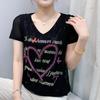 Summer New Short Sleeve Sexy Lace Letter Heart T-shirt Shirt Women Casual V-Neck Hot Diamonds Tees Ladies Elegant Pullover Tops