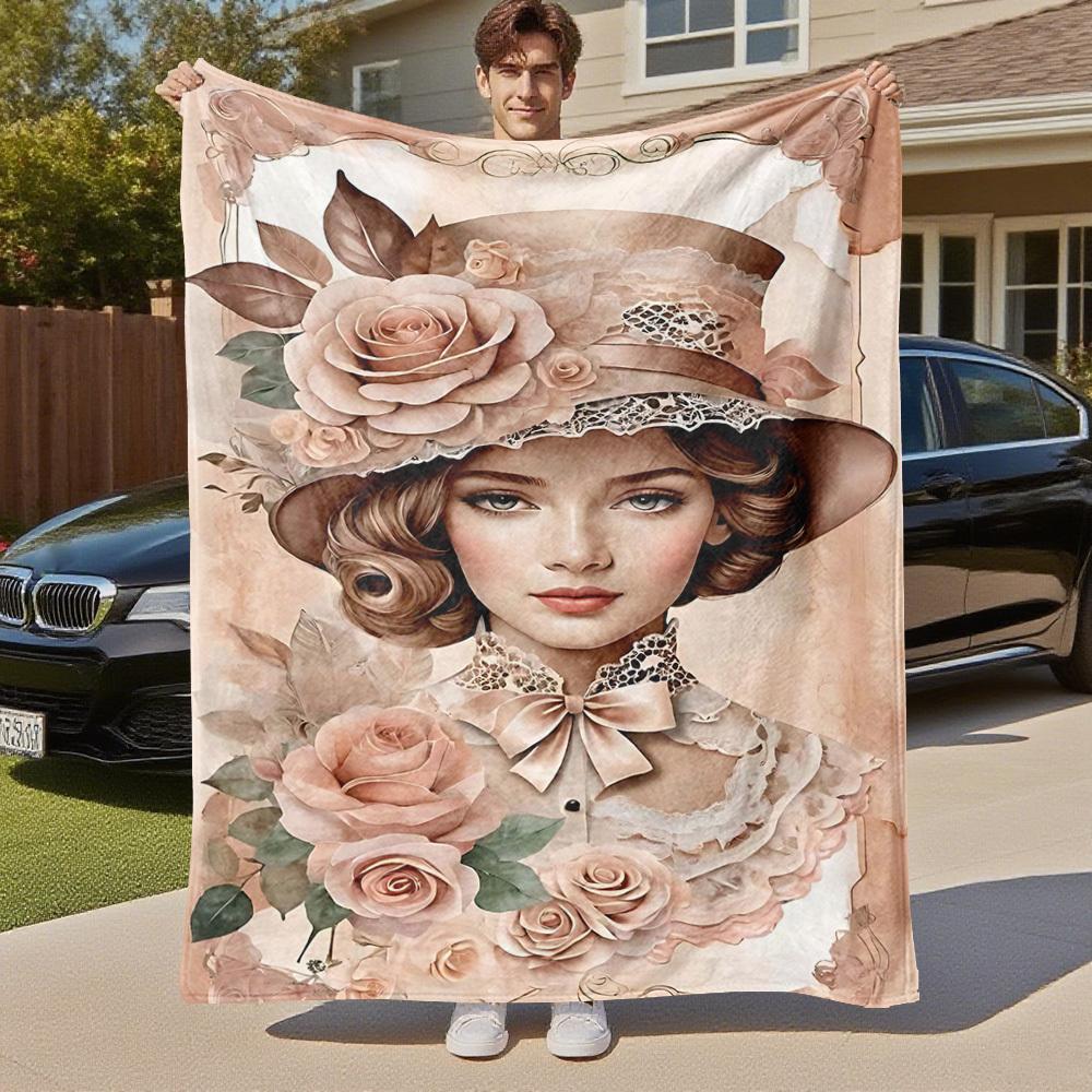 1pc Floral Hat Outdoor Flannel Blanket Soft Warm All-Season Throw for Sofa Bed Car Camping Office, Cozy Gift Idea1303S