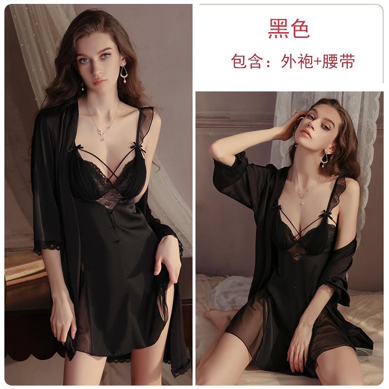 Ladies' Underwear Sweet Flying Sleeves Gather and Add Chest Pads Sexy Satin Nightdress Open Robe Women's Suit