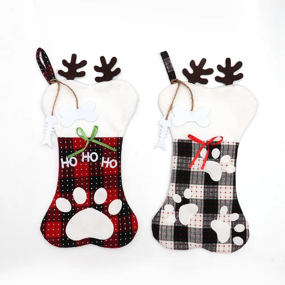 Christmas Socks Gift Bag Bone Shape Hanging Pendant Ornament Stocking for Dog Santa Socks Gift Box Tree Decorations YFA2095