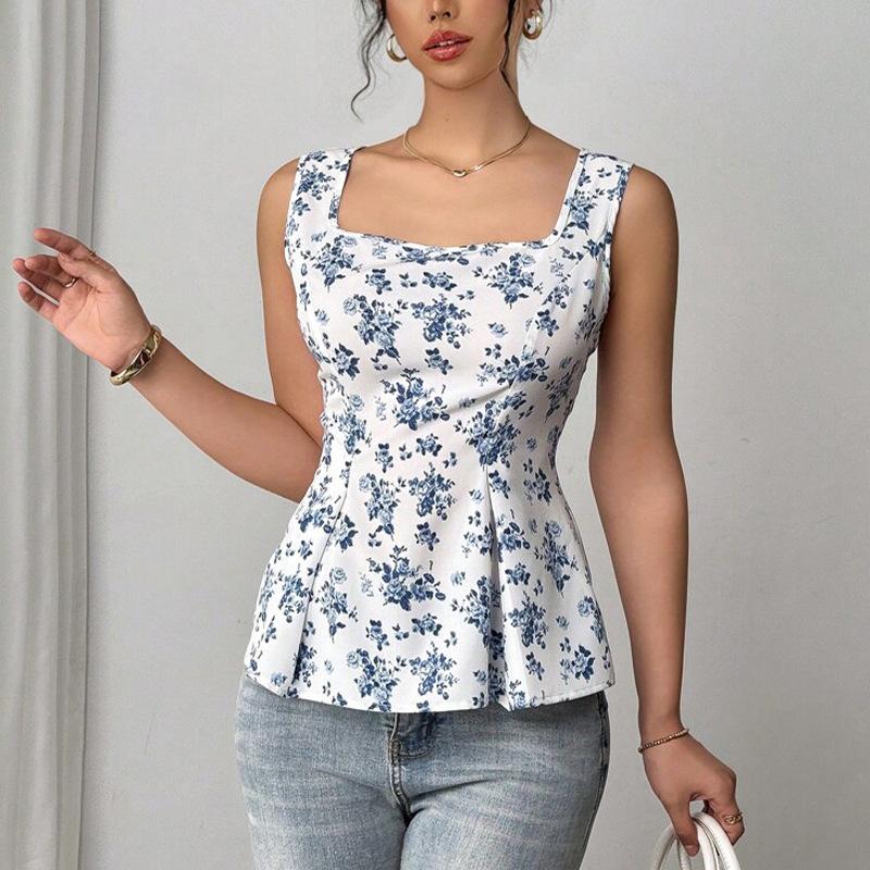 Women s Square Neck Sleeveless Top Slim Fit Floral Print Peplum Tank S