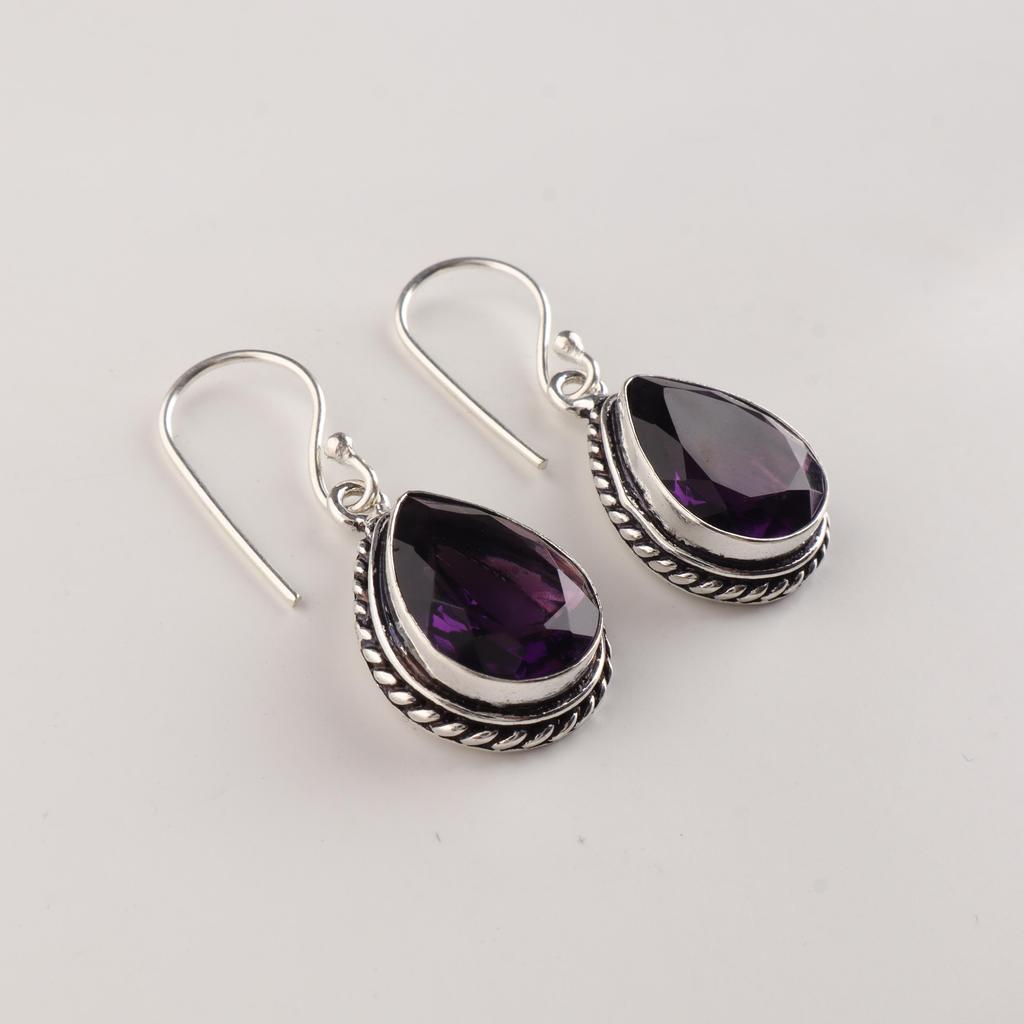 Amethyst Gemstone 925 Sterling Silver Handmade Purple Stone Earrings 1.5" Lightweight Jewelry For Women AEE-2-6