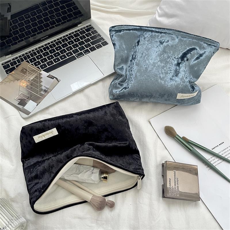 Trendy Velvet Cosmetic Bag Large Capacity Travel Suede Storage Bag Simple Women Girly Portable Clutch Toiletry Bag Gifts