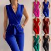Womens Fashion Color T Wist Button V-Neck Sleeveless Slim Fit Business Jumpsuit