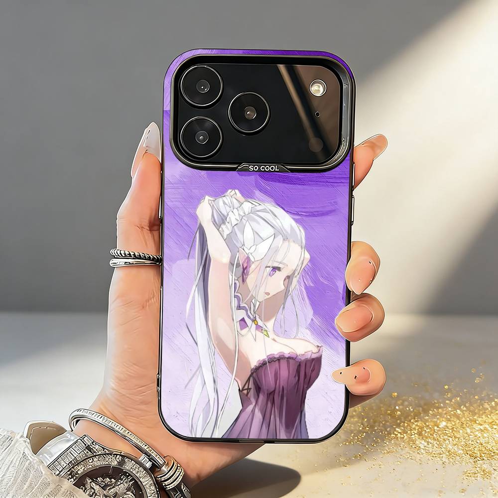 Re Zero Rem Emilia Phone Case For iPhone17 16 15 14 13 12 Pro Max Grey Black Matte Laser Metallic Aurora Funda