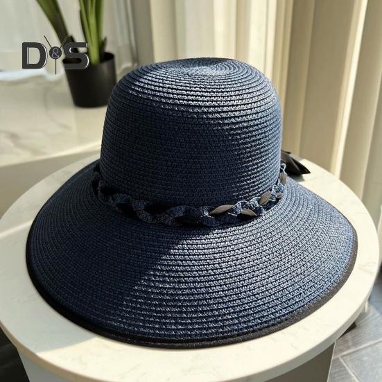 Sommer-Sonnenhut mit breiter Krempe, geflochtenem Seildekor, Strandhut, UV-Schutz, größenverstellbar, Schweißbänder, Damen-Strohhut