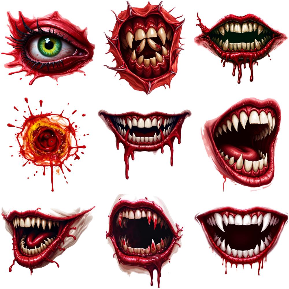9pcs Temporary Tattoo Teeth Halloween Monster Mouths Eye Temporary Tattoo Stickers Dripping Blood For Girls Shoulders Boys