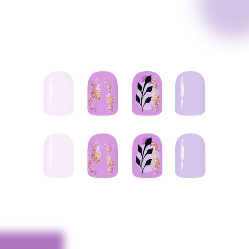 Glitterys Short False Nail 24Pcs Winter Collection Purple Gold Leaf Design Easy Application ABS Material Holiday Nail Art