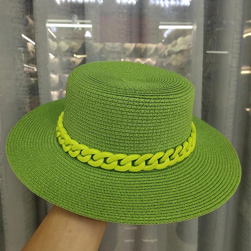 

New Color Chain Flat Top Unisex Jazz Straw Hat Outdoor Women Seaside Vacation Sun Beach Hats Fashion Summer Panama Bucket Cap