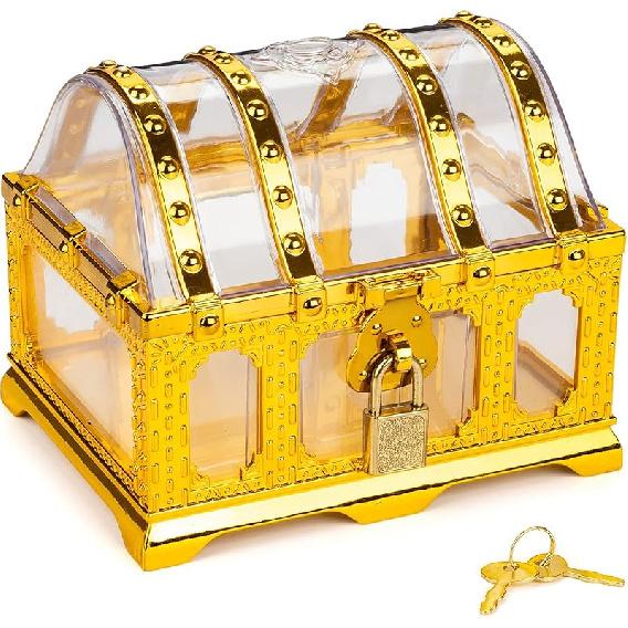 Pirate Treasure Chest for Kids Toy, Decorative Transparent Golden Pirate Chest with Lock and Key transparent golden chest